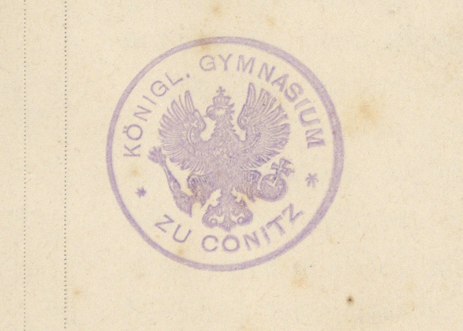Państwowe Gimnazjum Męskie w Chojnicach pieczątka okrągła: Des Koenigl. Gymn. Bibliothek zu Conitz