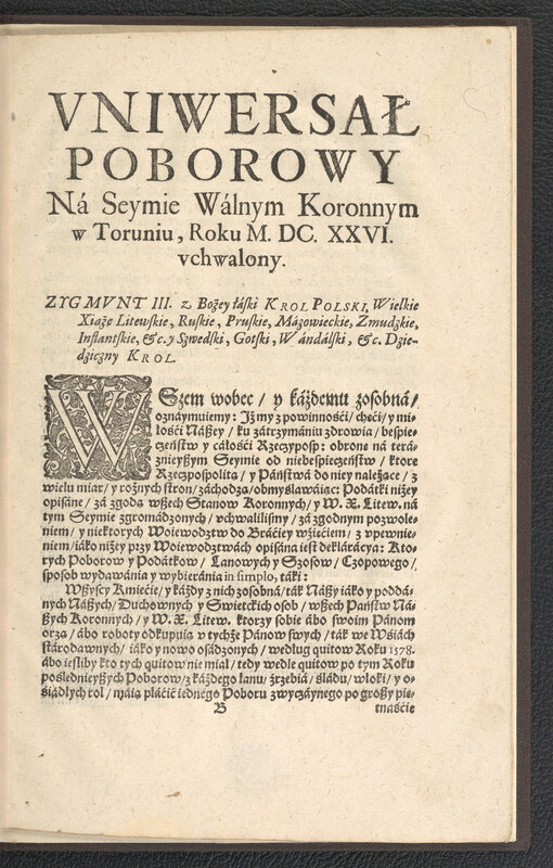 Pierwsza strona uniwersału poborowego Sejmu Toruńskiego 1626