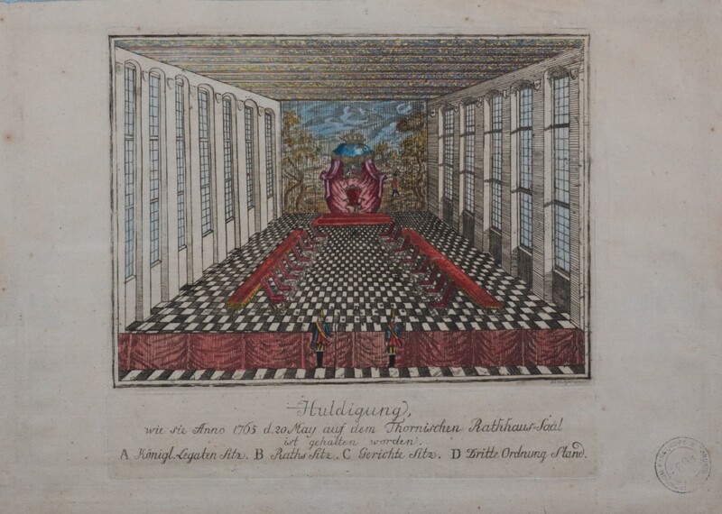 Sala Mieszczańska Ratusza Staromiejskiego przygotowana do złożenia hołdu królowi Stanisławowi Augustowi… / 1765