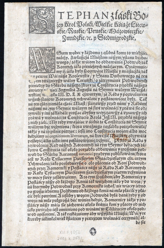 Druk uchwały Ordinatia około dawania i płacenia podwod, na Sejmie Walnym w Toruniu 29 listopada 1576 r.