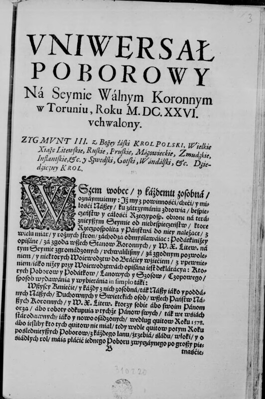 Vniwersał poborowy na Seymie Walnym Koronnym w Toruniu, Roku M.DC.XXVI. vchwalony, Kraków 1626