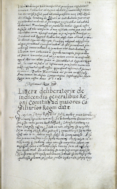 List delibratoryjny do senatorów ws. zwołania sejmu zwyczajnego 1576 r., Metryka Koronna, nr 114