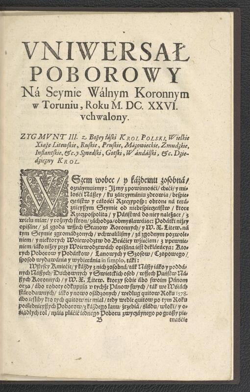 Vniwersał poborowy na Seymie Walnym Koronnym w Toruniu, Roku M.DC.XXVI. vchwalony