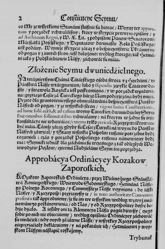 Fragment druku konstytucji Sejmu warszawskiego z 1626 r. upoważniającej króla do zwołania sejmu nadzwyczajnego, s. 2