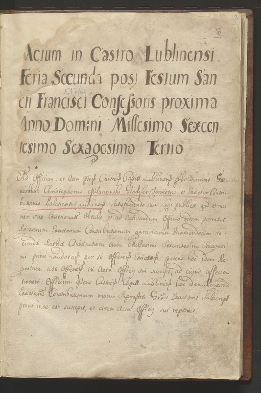 Przykładowy rękopiśmienny Rejestr poborowy województwa lubelskiego z 1663 r. (druga rata, 14 poborów uchwalonych w 1661 r.)