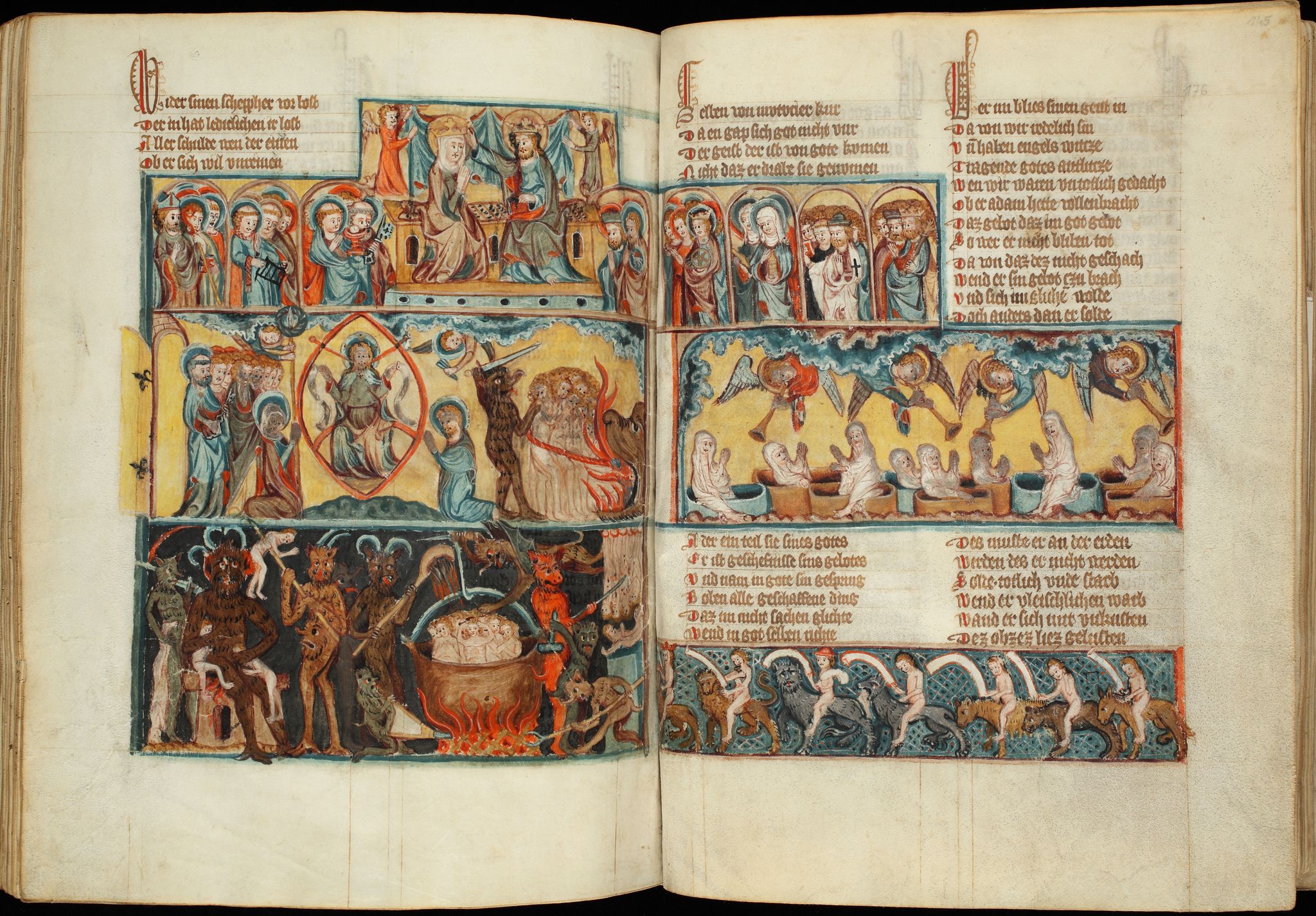Biblioteka UMK, Rps 44/III, k. 175v-176r: miniatura "Koronacja Marii i Sąd Ostateczny"